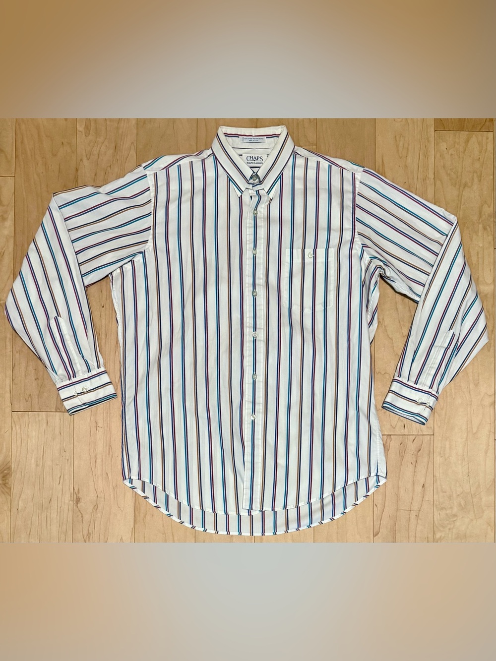 VTG Chaps Ralph Lauren Tab Collar Dress Shirt Cream Striped Made in USA 16 34/35